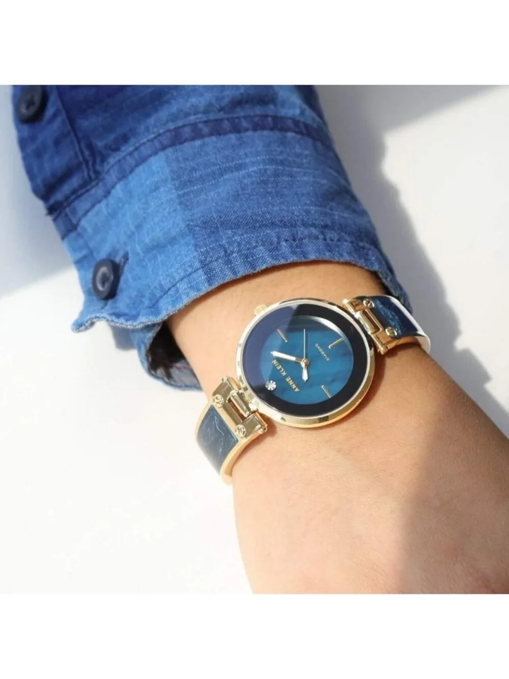 Anne Klein Womens Navy Blue Gold Analog Quartz Genuine Diamond Dial Bangle Watch